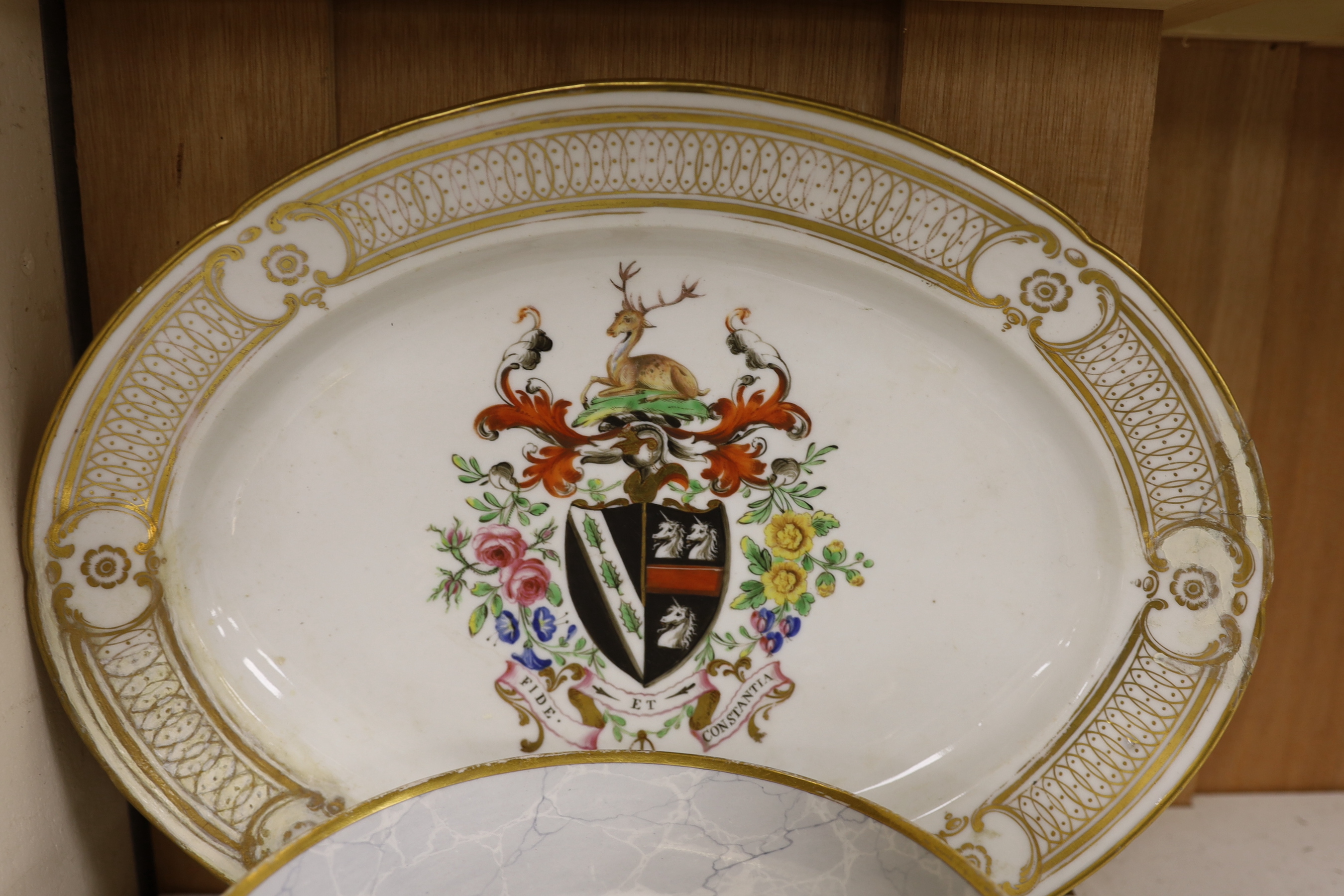 Three early 19th century Chamberlain Imari style plates after the Yeo service, two Barr Flight Barr marble ground saucer dishes and a rare Chamberlain armorial, the largest 35cm wide